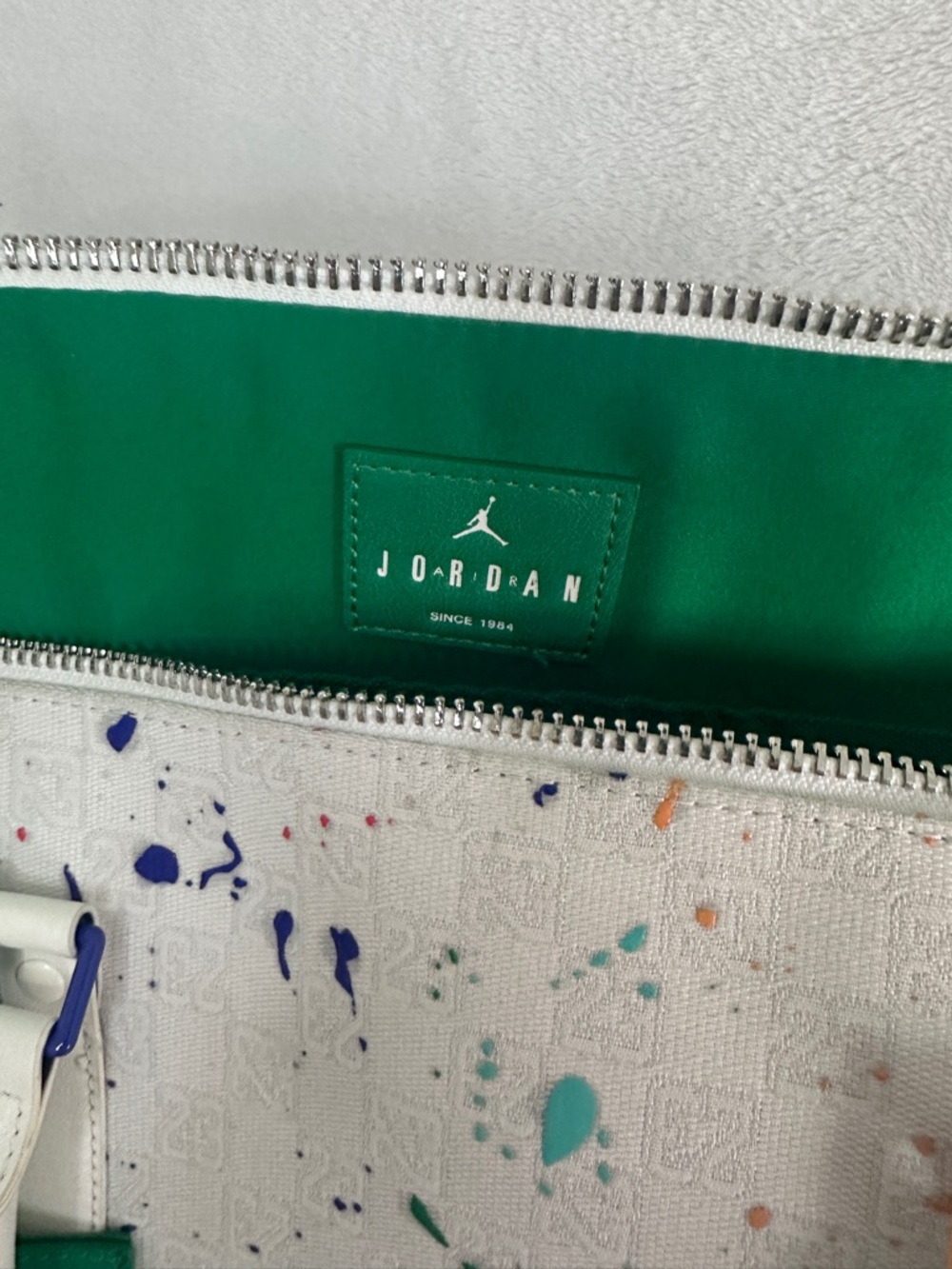 Jordan White Paint-Splatter Duffel with Matching Pouch - Picture 2 of 6